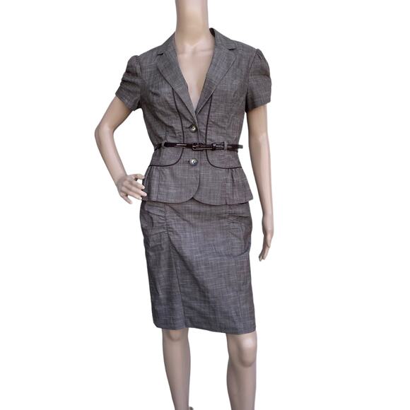 New IZ Byer Women's 2 Piece Brown Belted Skirt Collared Jacket Set Size L/7 - Picture 1 of 5